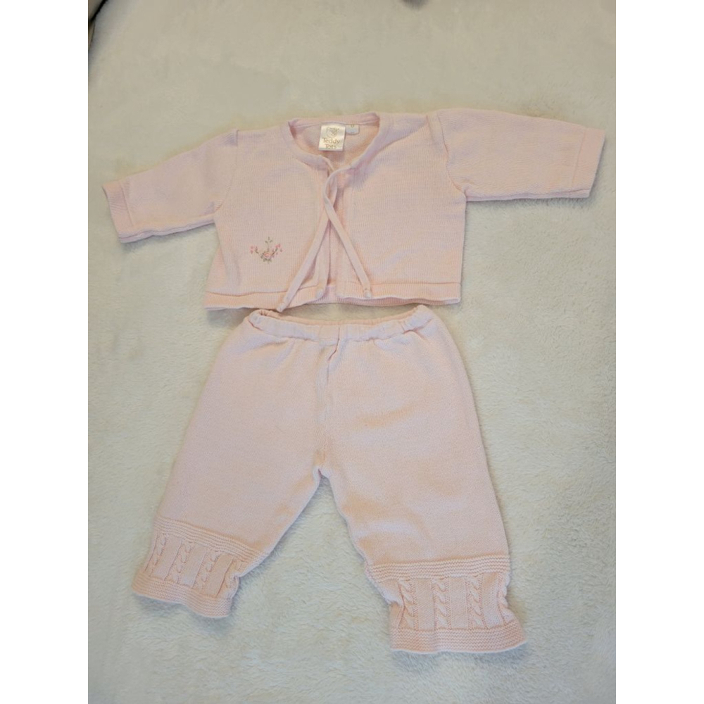 Teddy Tots Vintage 2pc Knit Set | Pink Cardigan & Pants | Size 0